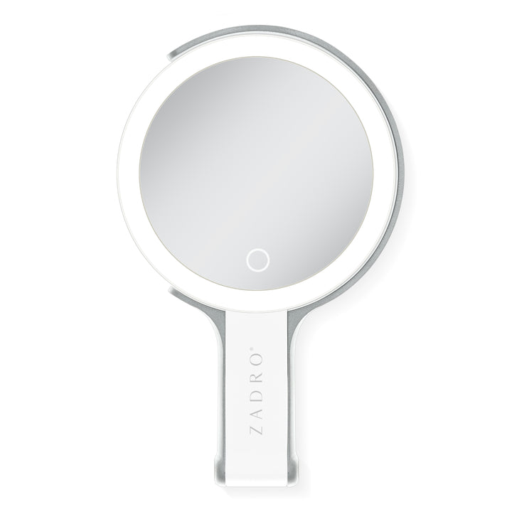 LED Lighted Travel-Ready Hand Mirror with Magnification and Multi-Position Stand