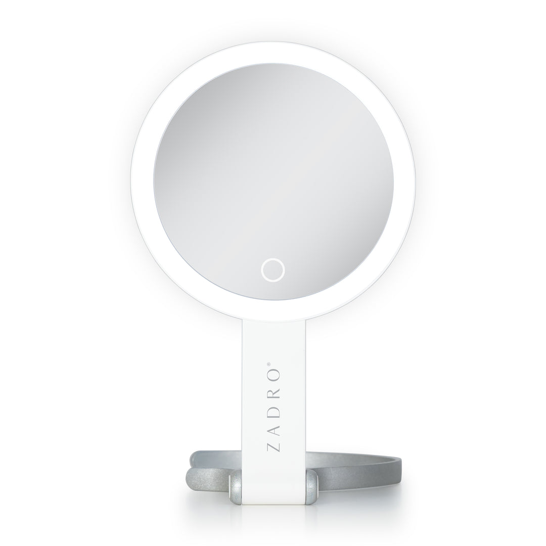 LED Lighted Travel-Ready Hand Mirror with Magnification and Multi-Position Stand
