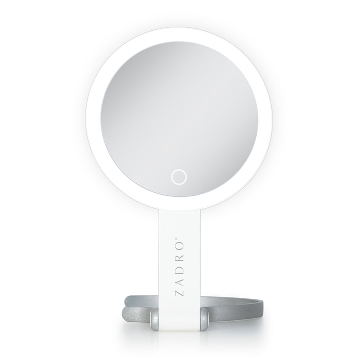 LED Lighted Travel-Ready Hand Mirror with Magnification and Multi-Position Stand