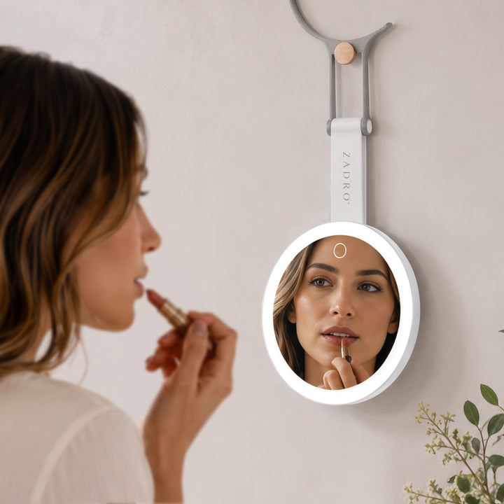 LED Lighted Travel-Ready Hand Mirror with Magnification and Multi-Position Stand