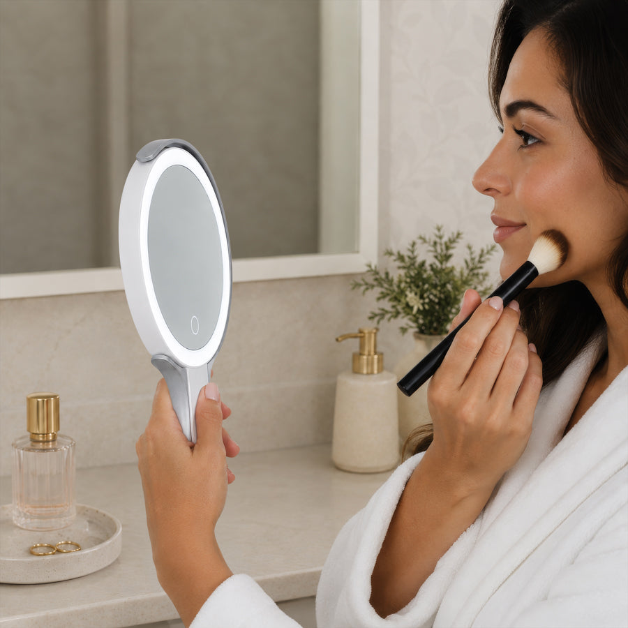LED Lighted Travel-Ready Hand Mirror with Magnification and Multi-Position Stand