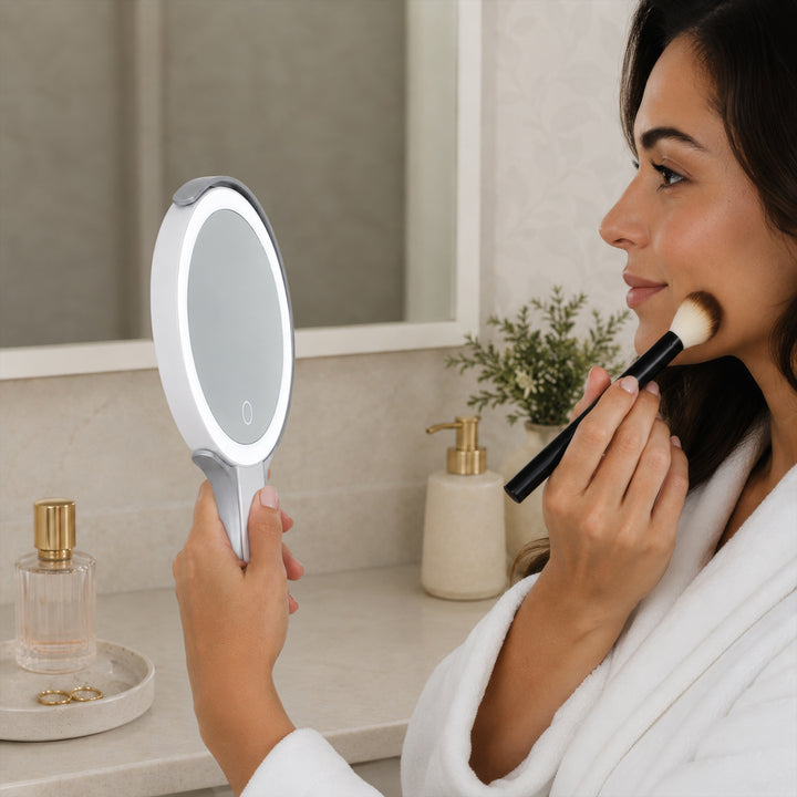 LED Lighted Travel-Ready Hand Mirror with Magnification and Multi-Position Stand