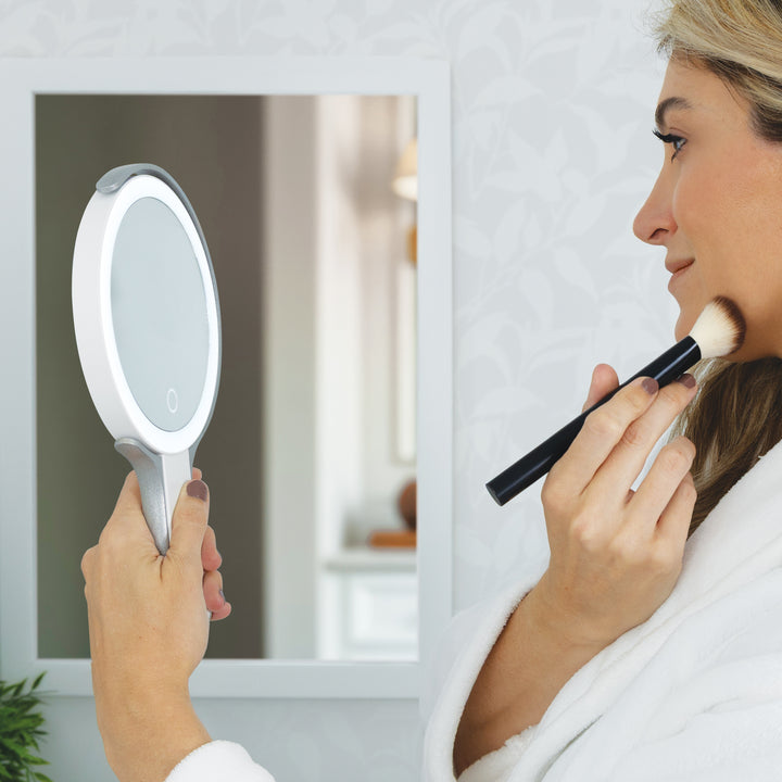 LED Lighted Travel-Ready Hand Mirror with Magnification and Multi-Position Stand