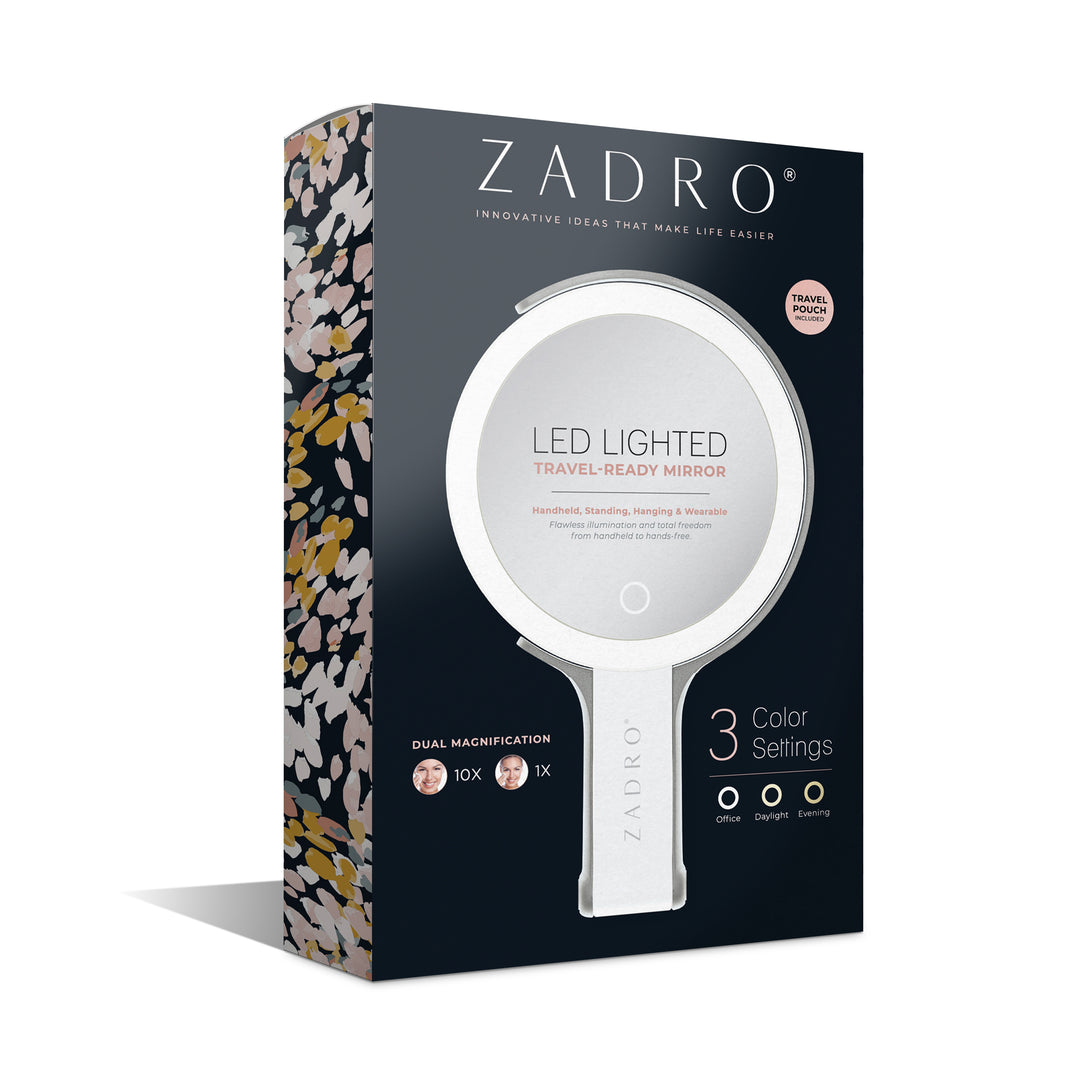 LED Lighted Travel-Ready Hand Mirror with Magnification and Multi-Position Stand