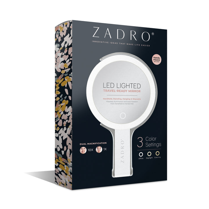 LED Lighted Travel-Ready Hand Mirror with Magnification and Multi-Position Stand