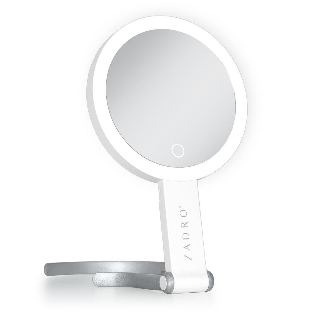LED Lighted Travel-Ready Hand Mirror with Magnification and Multi-Position Stand