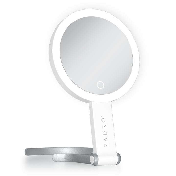LED Lighted Travel-Ready Hand Mirror with Magnification and Multi-Position Stand
