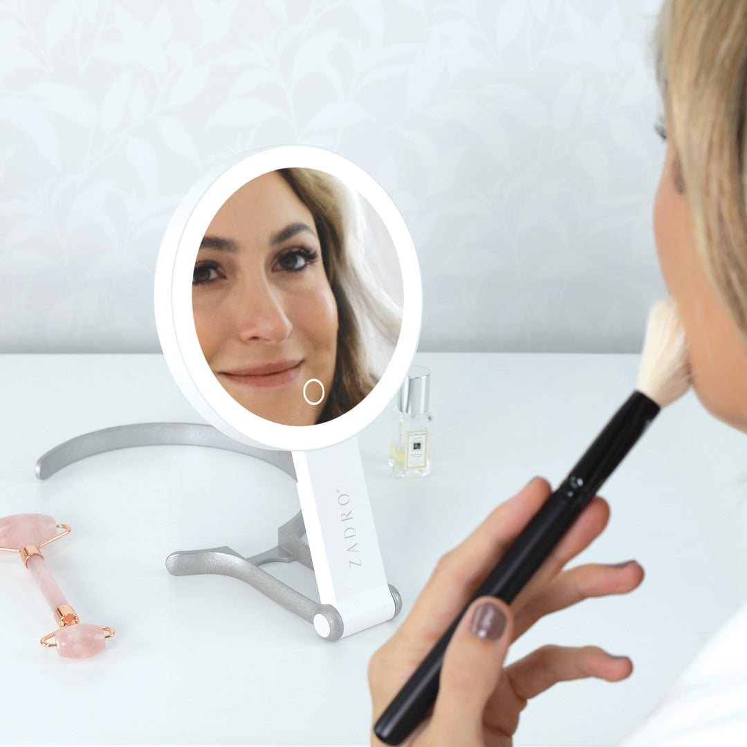 LED Lighted Travel-Ready Hand Mirror with Magnification and Multi-Position Stand