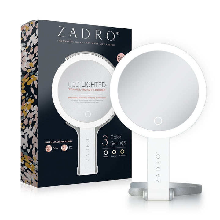 LED Lighted Travel-Ready Hand Mirror with Magnification and Multi-Position Stand