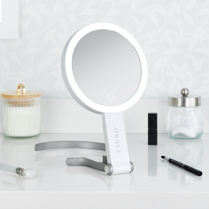 LED Lighted Travel-Ready Hand Mirror with Magnification and Multi-Position Stand