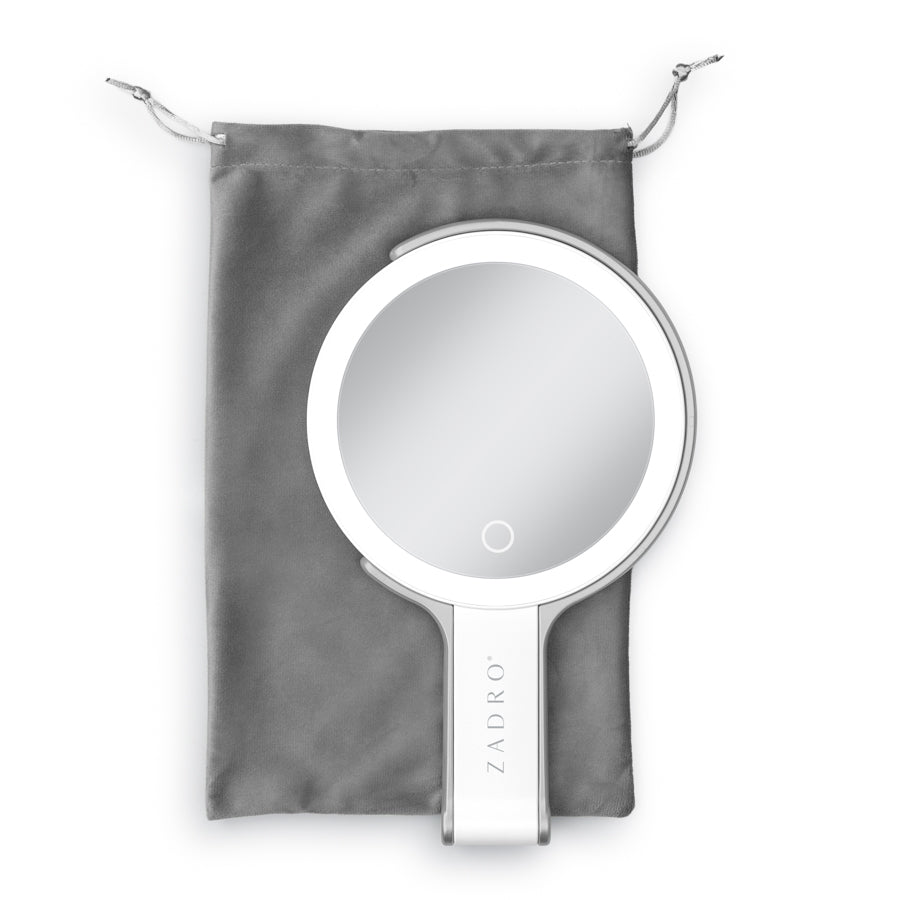 LED Lighted Travel-Ready Hand Mirror with Magnification and Multi-Position Stand