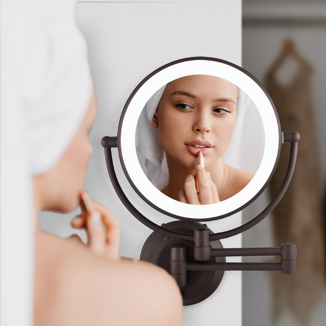 Lighted Wall Mounted Makeup Mirror with Magnification & Extendable Arm