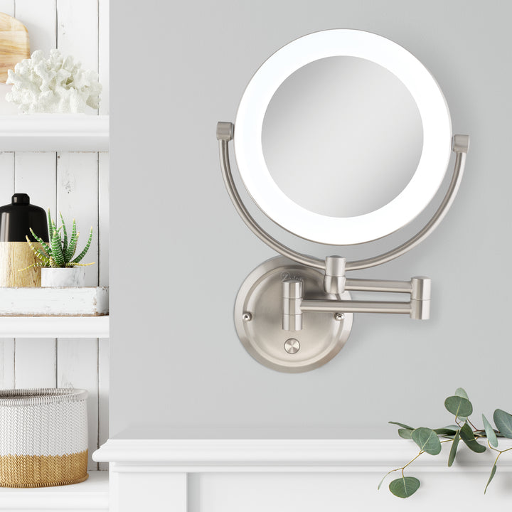 Zadro SLWRLT410 705004423441 environment photo front view next to storage, lexington lighted wall mounted makeup mirror with magnification in front of a real life setting