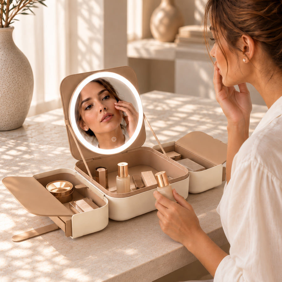 Traveling Makeup Case with LED Lighted Face Mirror