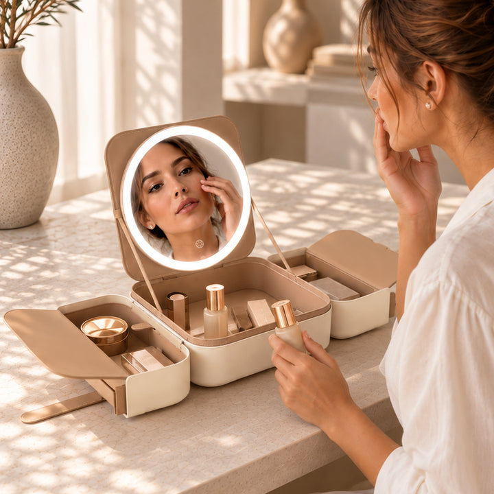 Traveling Makeup Case with LED Lighted Face Mirror