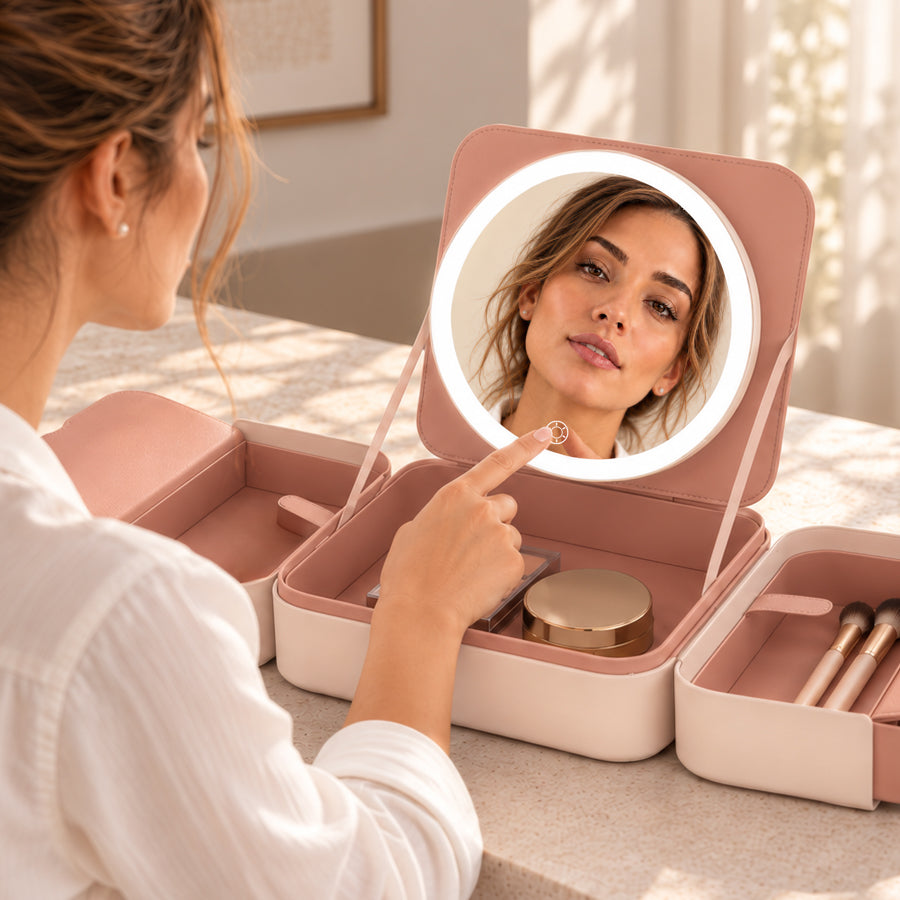 Traveling Makeup Case with LED Lighted Face Mirror