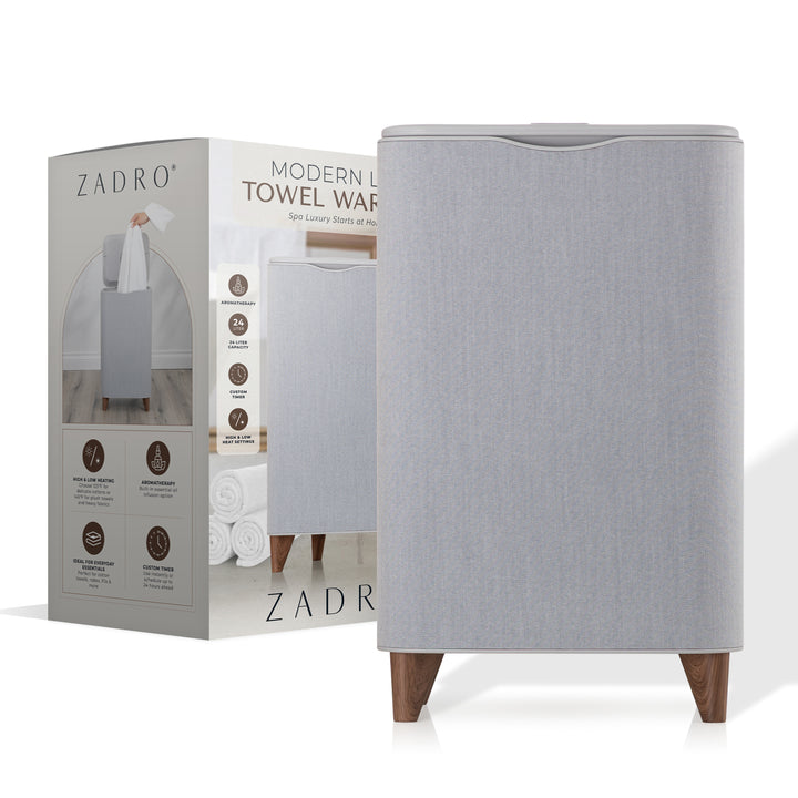 Gray lux towel warmer with Zadro packaging on a white background