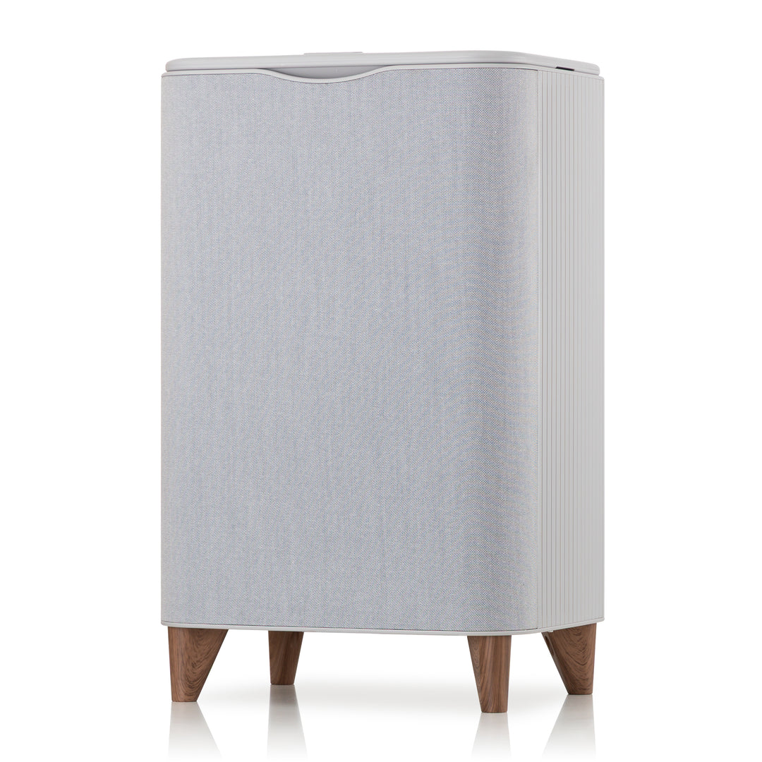 Gray rounded-rectangular towel warmer with wooden legs on a white background