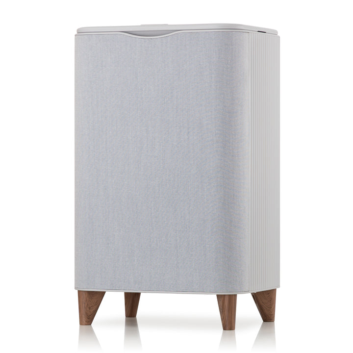 Gray rounded-rectangular towel warmer with wooden legs on a white background