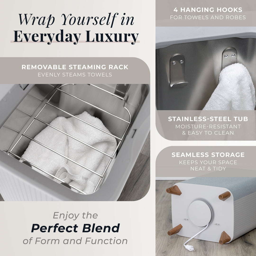 Towel warmer with removable steaming rack and hanging hooks, featuring text about its features.