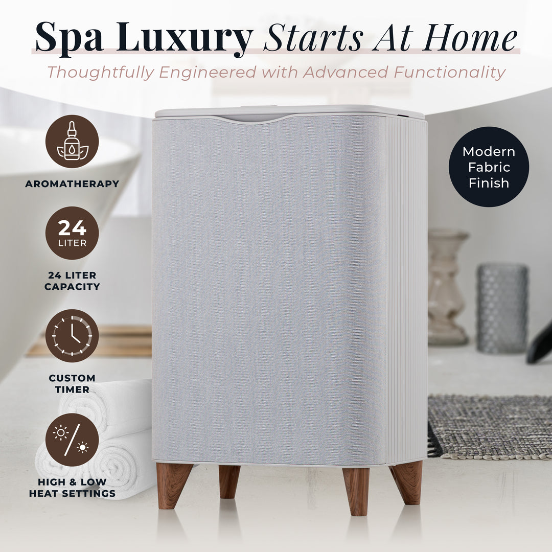 Gray towel warmer with features listed on a white background