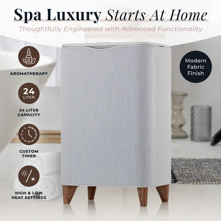 Gray towel warmer with features listed on a white background