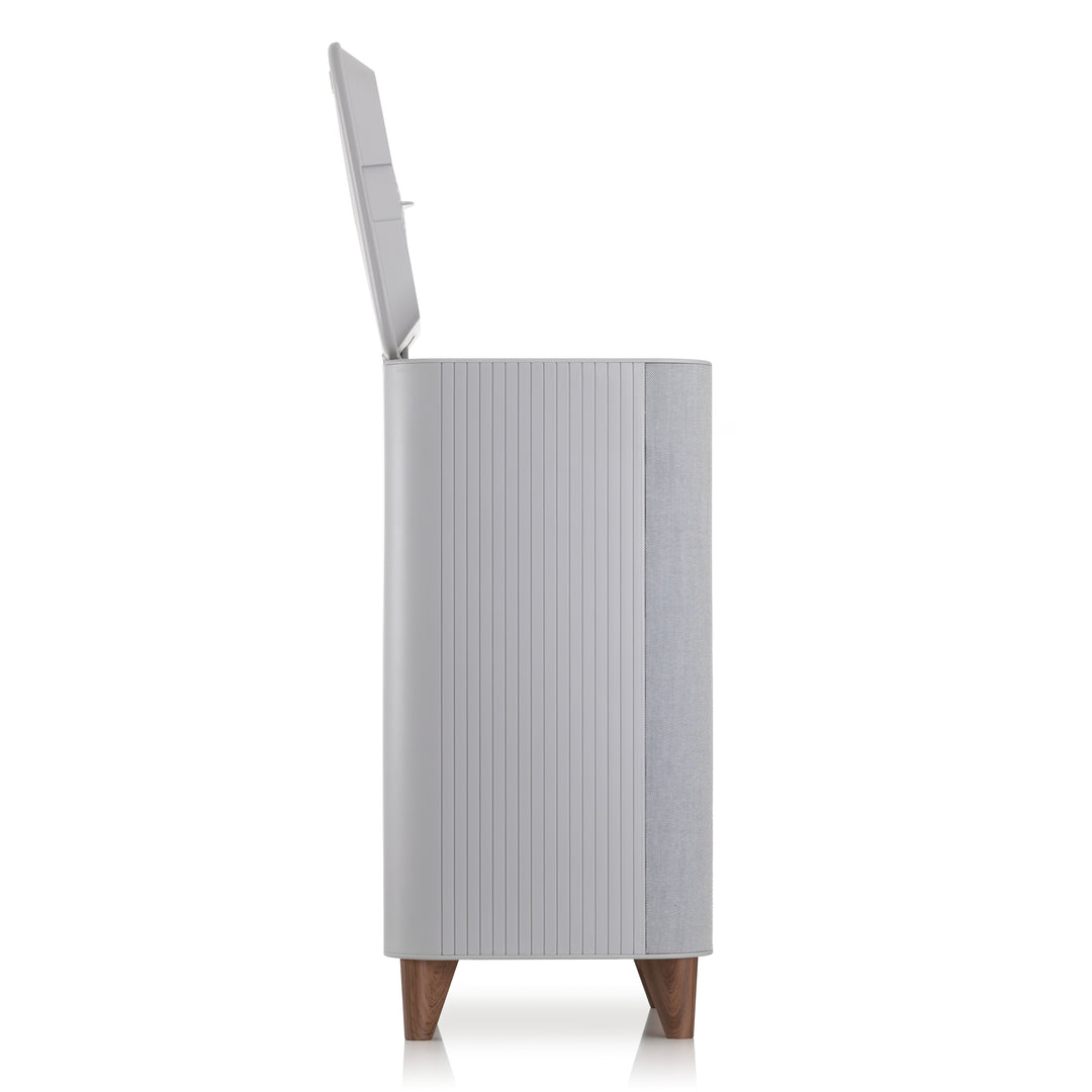 Modern towel warmer side view with open door on a white background