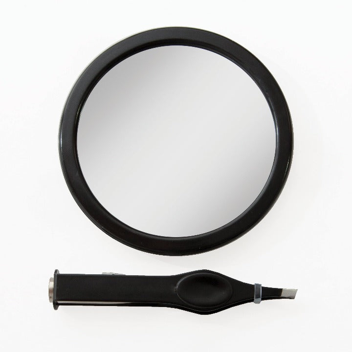 Zadro EZG12LT9 705004420662 product photo front view, compact mirror with magnification & lighted tweezers in front of a white background