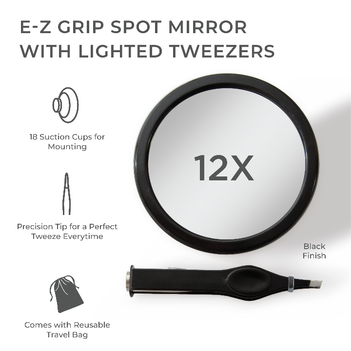 Zadro EZG12LT9 705004420662 product photo front view with specs, compact mirror with magnification & lighted tweezers in front of a white background