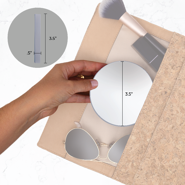 Zadro FC20X 705004418829 environment photo with dimensions, compact mirror with magnification & suction cups in front of a real life setting