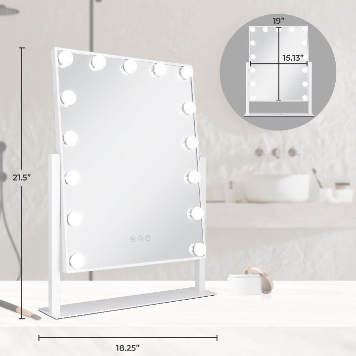 Zadro HLVAR1620 705004424769 environment photo front with dimensions, 15 led light bulb hollywood makeup mirror - 18" x 21" in front of a real life setting