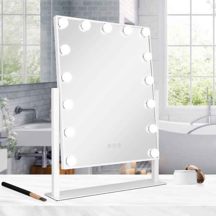 Zadro HLVAR1620 705004424769 environment photo side view in bathroom, 15 led light bulb hollywood makeup mirror - 18" x 21" in front of a real life setting