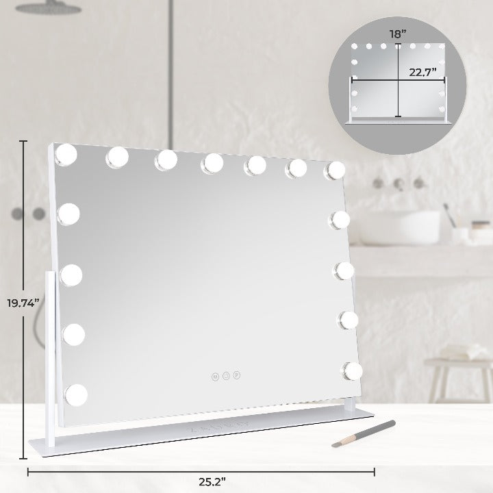 Zadro HLVAR2318 705004424813 environment photo front with dimensions, 15 led light bulb hollywood makeup mirror - 25" x 20" in front of a real life setting