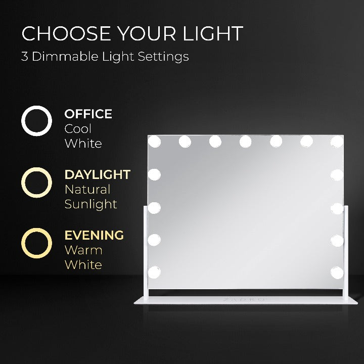 Zadro HLVAR2318 705004424813 product photo front view with color temperature settings, 15 led light bulb hollywood makeup mirror - 25" x 20"in front of a black background