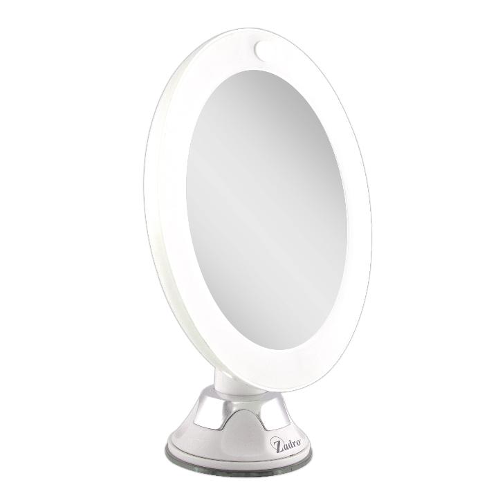 Zadro LEDPSC110 705004420884 product photo side view, lighted wall mounted makeup mirror with magnification & suction cup in front of a white background