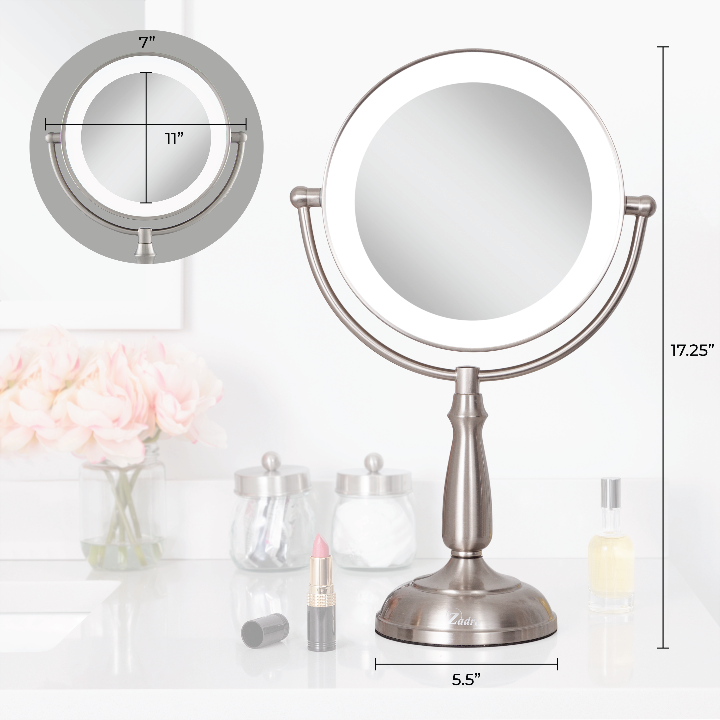 Zadro LEDVPRT410 705004420921 environment photo front with dimensions, lighted makeup mirror with magnification & touch base in front of a real life setting