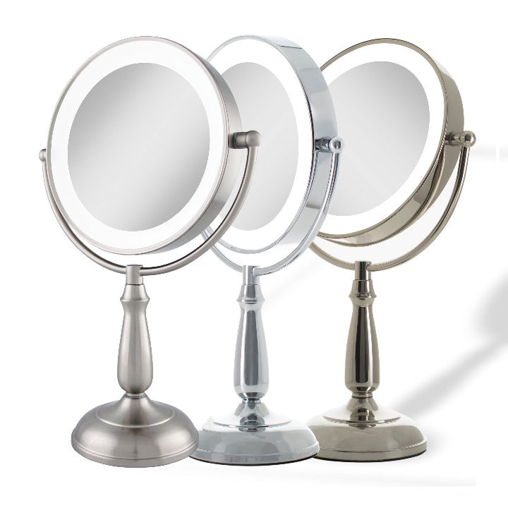 Zadro LEDVPRT410 705004420921 product photo side view all finishes, lighted makeup mirror with magnification & touch base in front of a white background