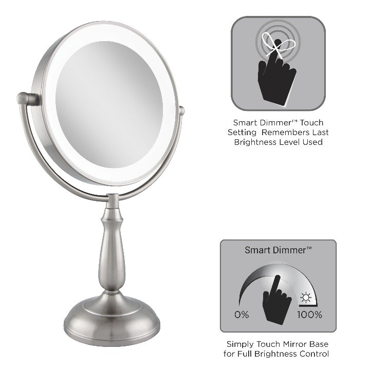 Zadro LEDVPRT410 705004420921 product photo side view with features, lighted makeup mirror with magnification & touch base in front of a white background
