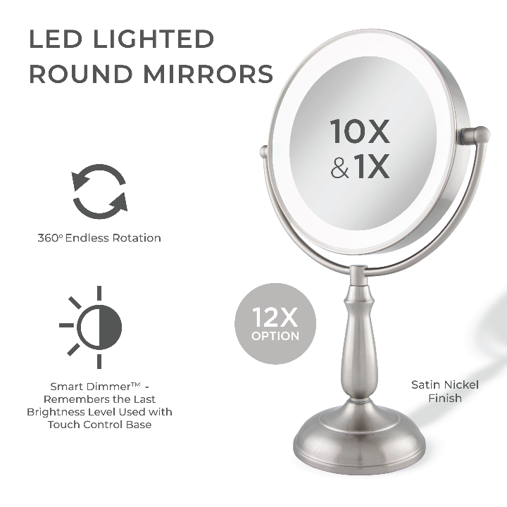 Zadro LEDVPRT410 705004420921 product photo side view with specs, lighted makeup mirror with magnification & touch base in front of a white background