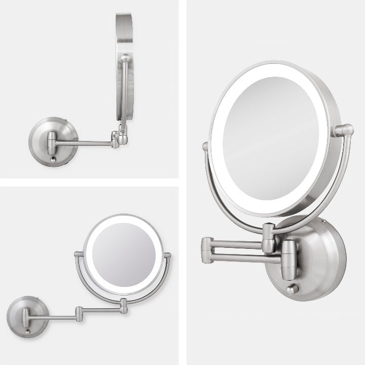 Zadro LEDW410 705004419475 product grid collage, lighted wall mounted makeup mirror with magnification & extendable arm collage of product photos in front of a solid neutral background