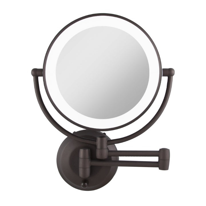 Zadro LEDW410 705004419475 product photo front view oiled bronze finish, lighted wall mounted makeup mirror with magnification & extendable arm in front of a white background