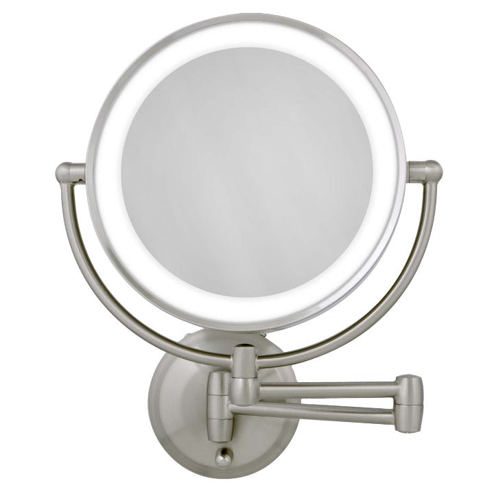 Zadro LEDW410 705004419475 product photo front view satin nickel finish, lighted wall mounted makeup mirror with magnification & extendable arm in front of a white background