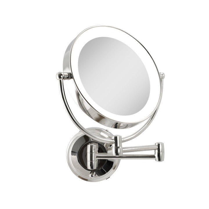 Zadro LEDW410 705004419475 product photo side view chrome finish, lighted wall mounted makeup mirror with magnification & extendable arm in front of a white background