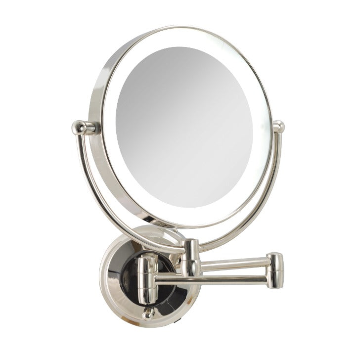 Zadro LEDW410 705004419475 product photo side view polished nickel finish, lighted wall mounted makeup mirror with magnification & extendable arm in front of a white background