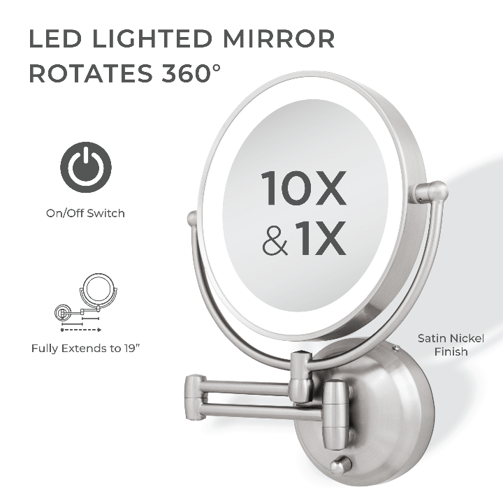 Zadro LEDW410 705004419475 product photo side view with specs, lighted wall mounted makeup mirror with magnification & extendable arm in front of a white background