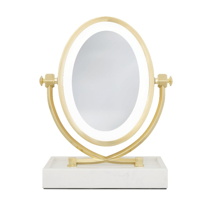 Zadro LOVGLAM55 705004424363 product photo front view, brooklyn led lighted makeup mirror with magnification & marble tray, in front of a white background
