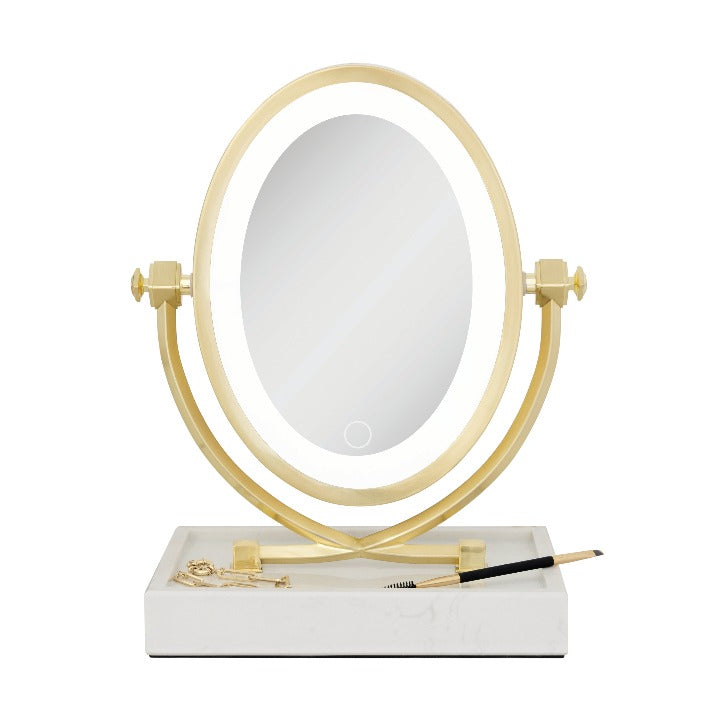 Zadro LOVGLAM55 705004424363 product photo front view with items in tray, brooklyn led lighted makeup mirror with magnification & marble tray in front of a white background