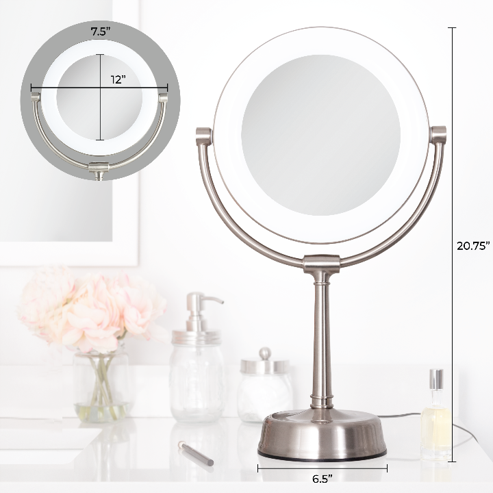 Zadro SLVRLT410 705004420686 environment photo front view with product dimensions, lexington lighted makeup mirror with magnification in front of a real life setting