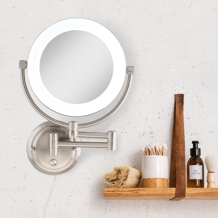 Zadro SLWRLT410 705004423441 environment photo front view next to storage, lexington lighted wall mounted makeup mirror with magnification in front of a real life setting