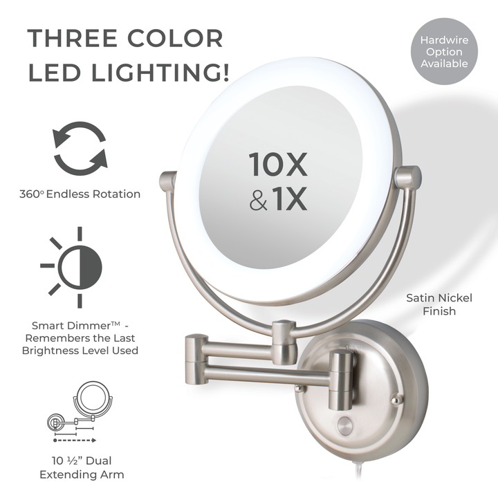 Zadro SLWRLT410 705004423441 product photo side view with specs, lexington lighted wall mounted makeup mirror with magnification in front of a white background